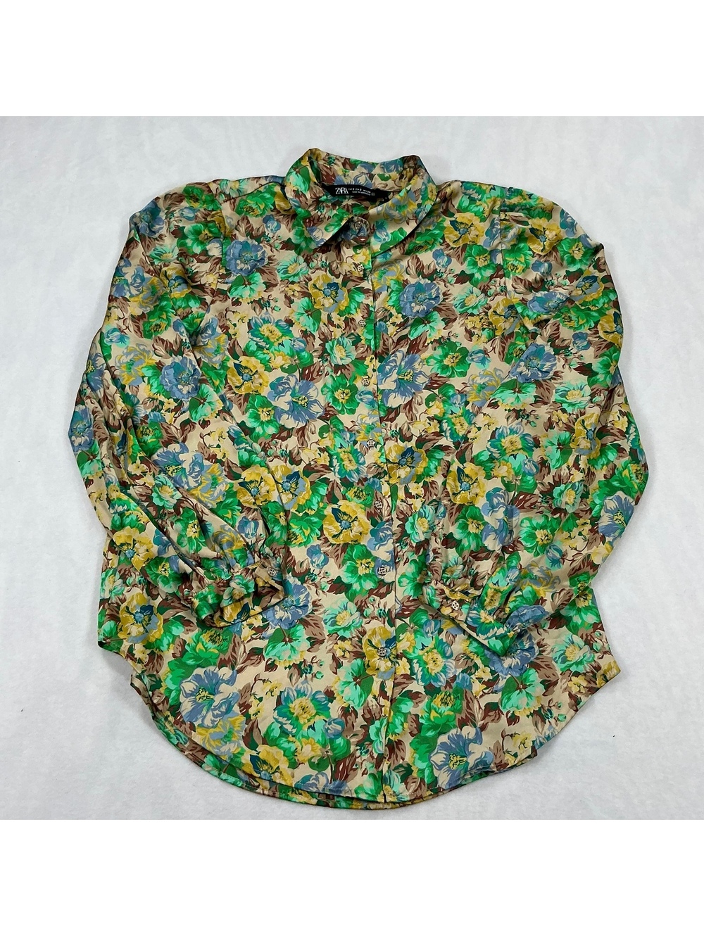 Zara Floral Button Up Blouse Women’s Small Blue Green Long Sleeve Shirt